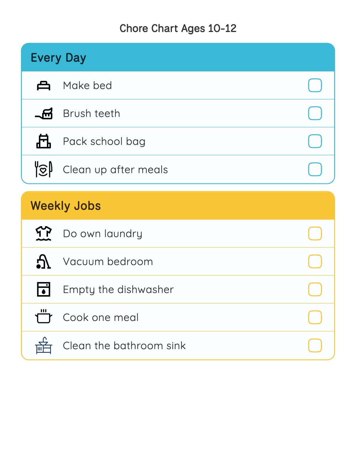 Printable chore chart for 10 to 12 year olds with every day and weekly job sections