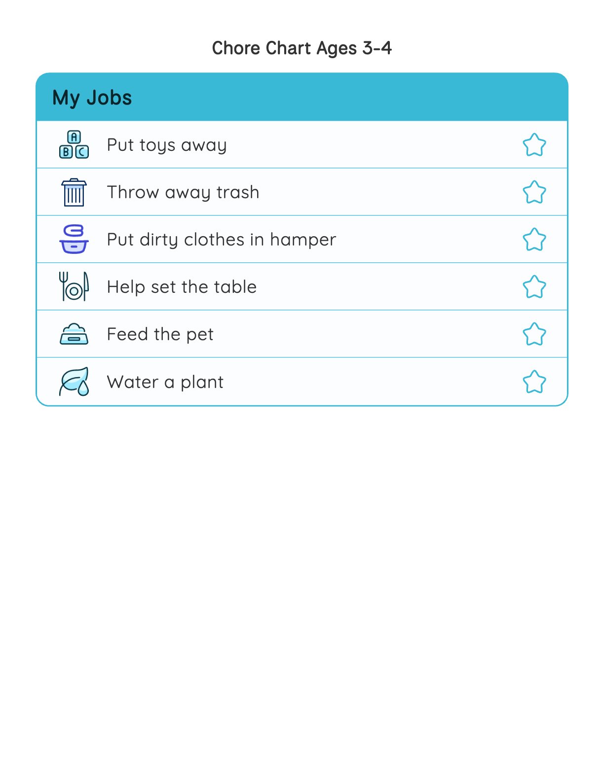 Printable chore chart for 3 and 4 year olds with a My Jobs section