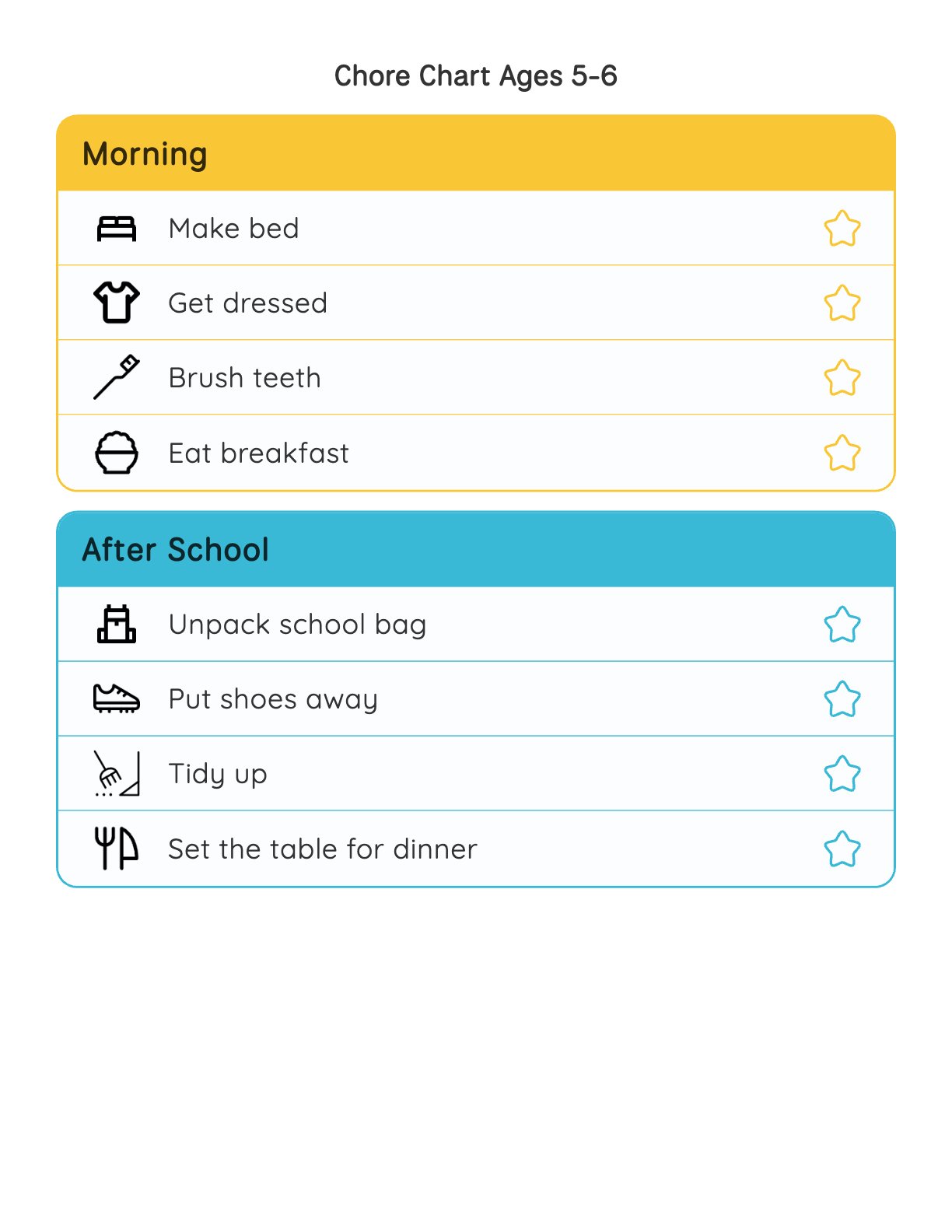 Printable chore chart for 5 and 6 year olds with morning and after school sections