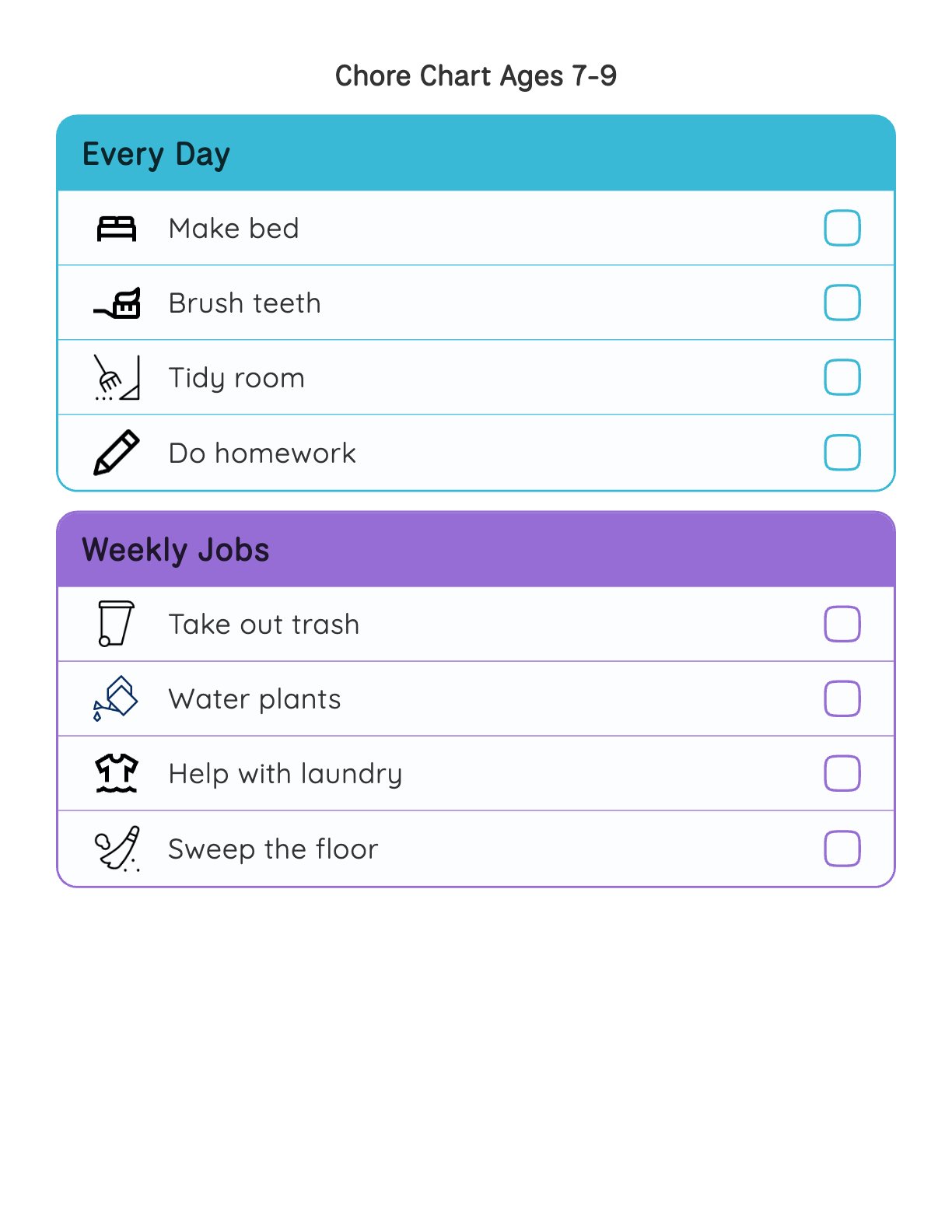Printable chore chart for 7 to 9 year olds with every day and weekly jobs sections