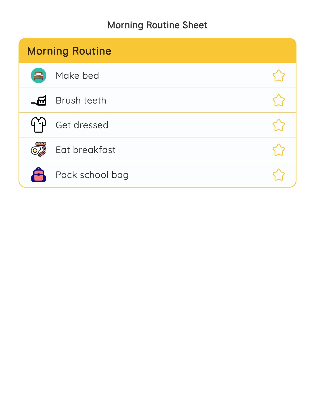 Printable morning routine chart for kids with five steps: make bed, brush teeth, get dressed, eat breakfast, pack school bag
