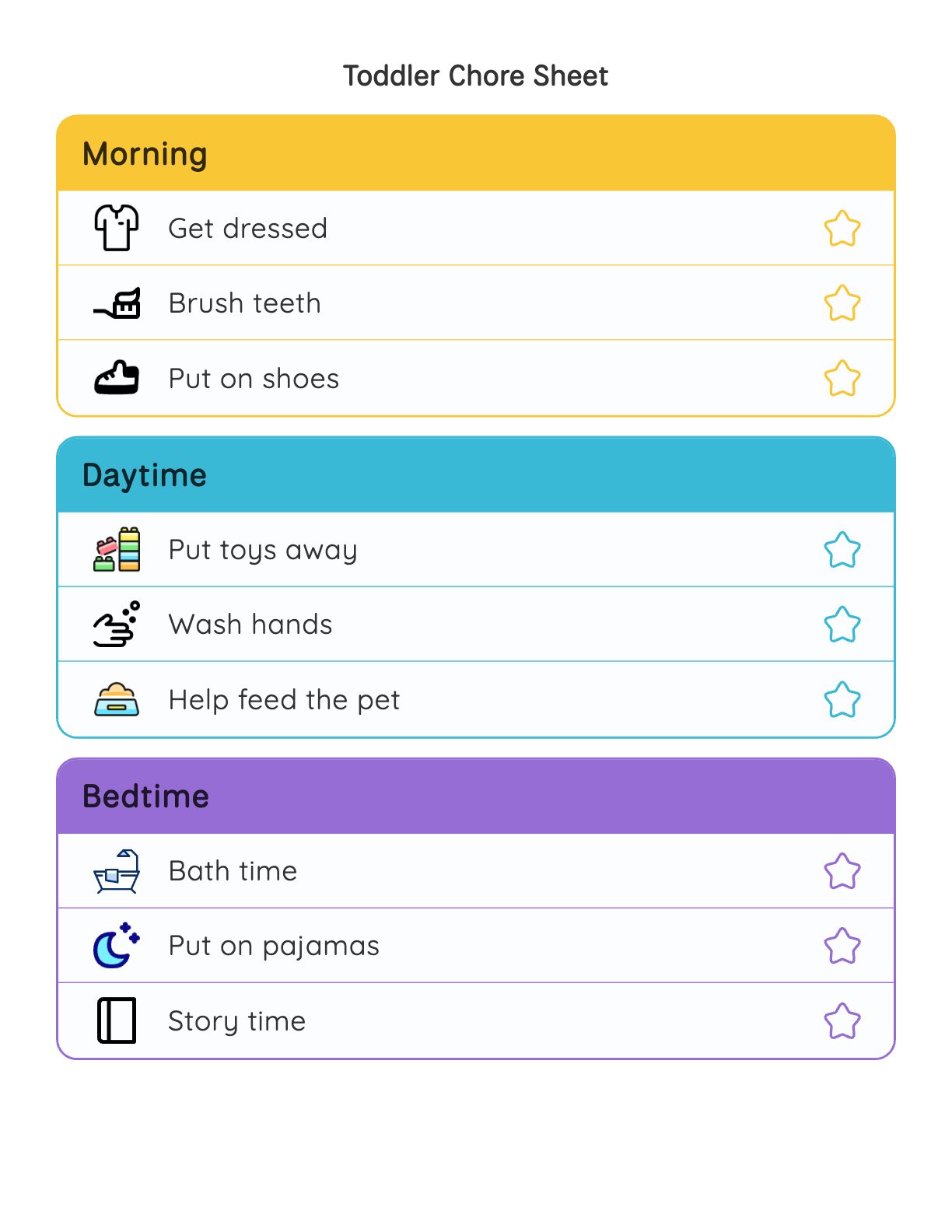 Printable chore chart for toddlers with morning, daytime, and bedtime sections