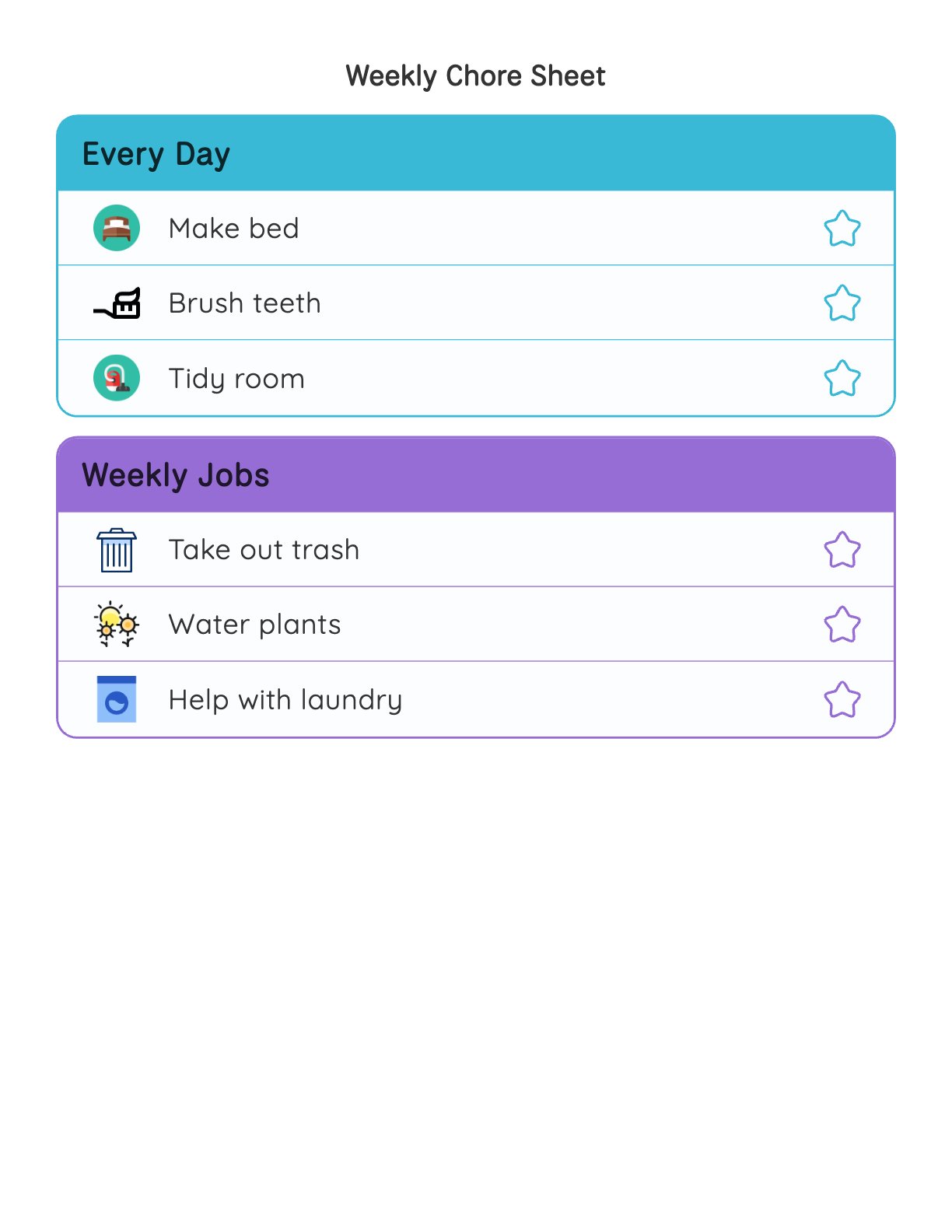 Weekly chore chart for kids with Every Day and Weekly Jobs sections, printable PDF
